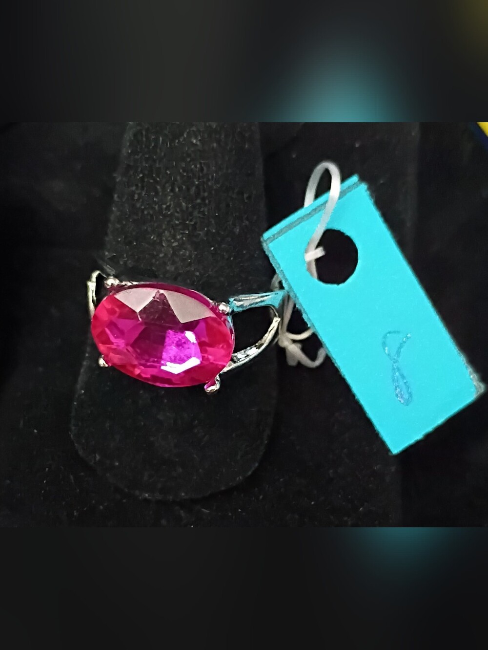 Silver Band Ring with Vibrant Fuchsia Oval Stone